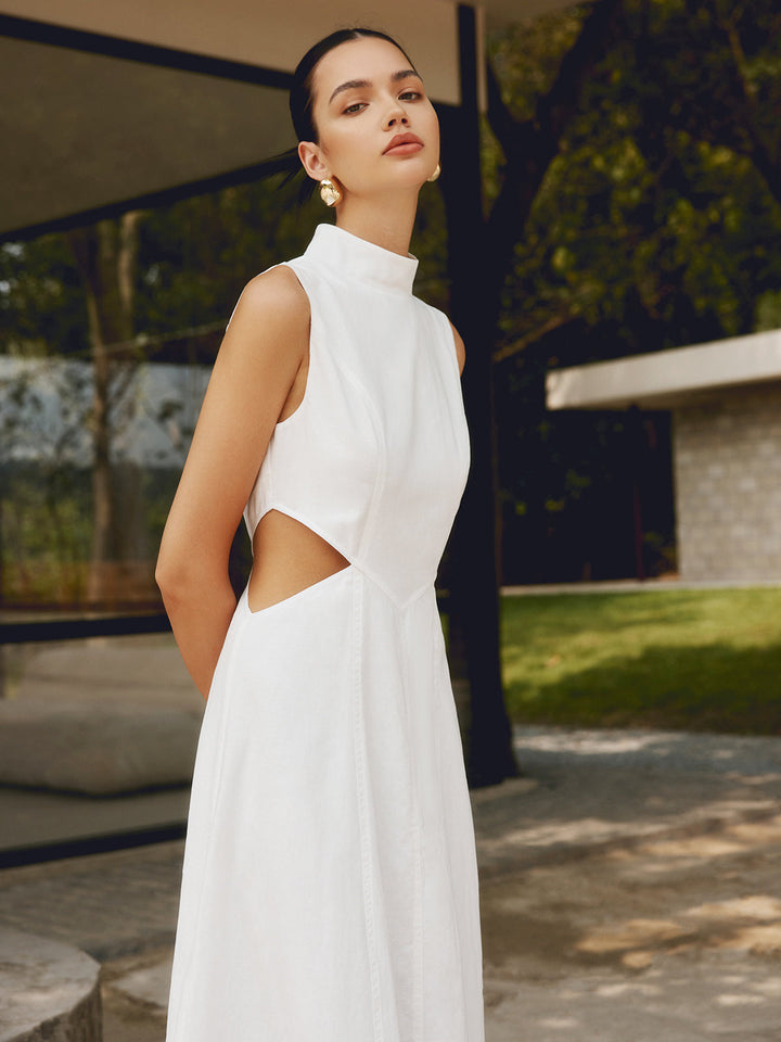 Robe Longue Élégante Découpée en Coton et Lin