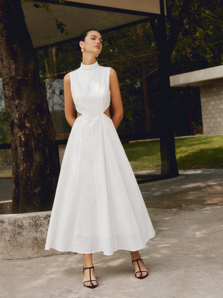 Robe Longue Élégante Découpée en Coton et Lin