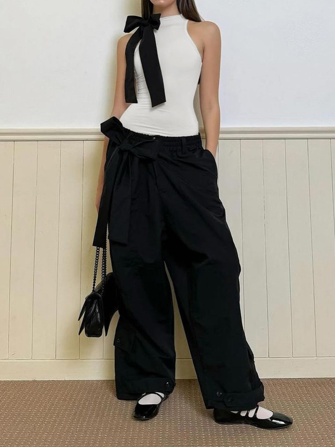 Bodysuit Sans Manches Semi-Transparente Orné d'un Nœud