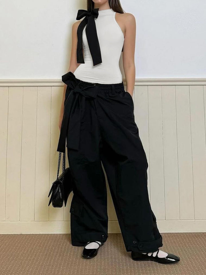 Bodysuit Sans Manches Semi-Transparente Orné d'un Nœud