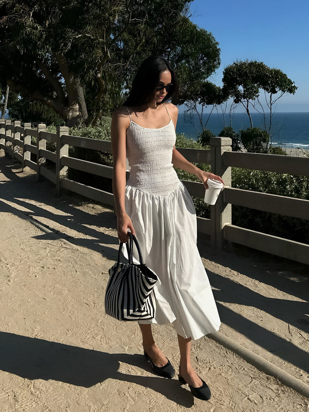 Robe mi-longue à smocks en coton mélangé