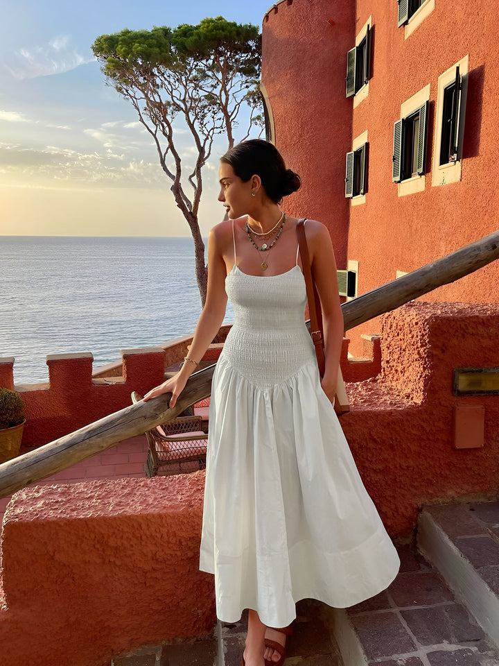 Robe mi-longue à smocks en coton mélangé