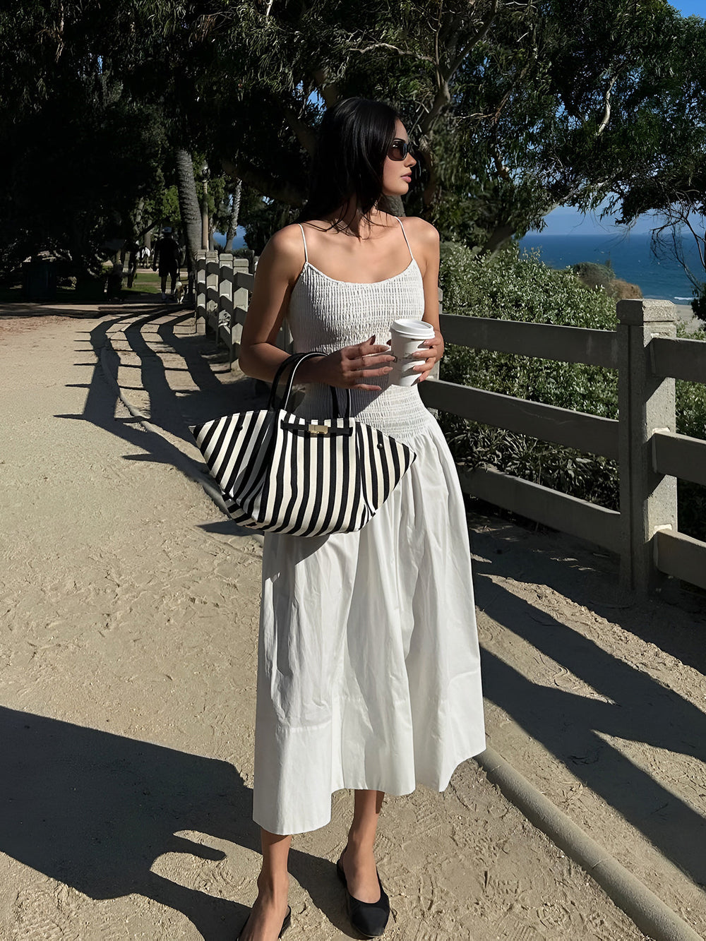 Robe mi-longue à smocks en coton mélangé