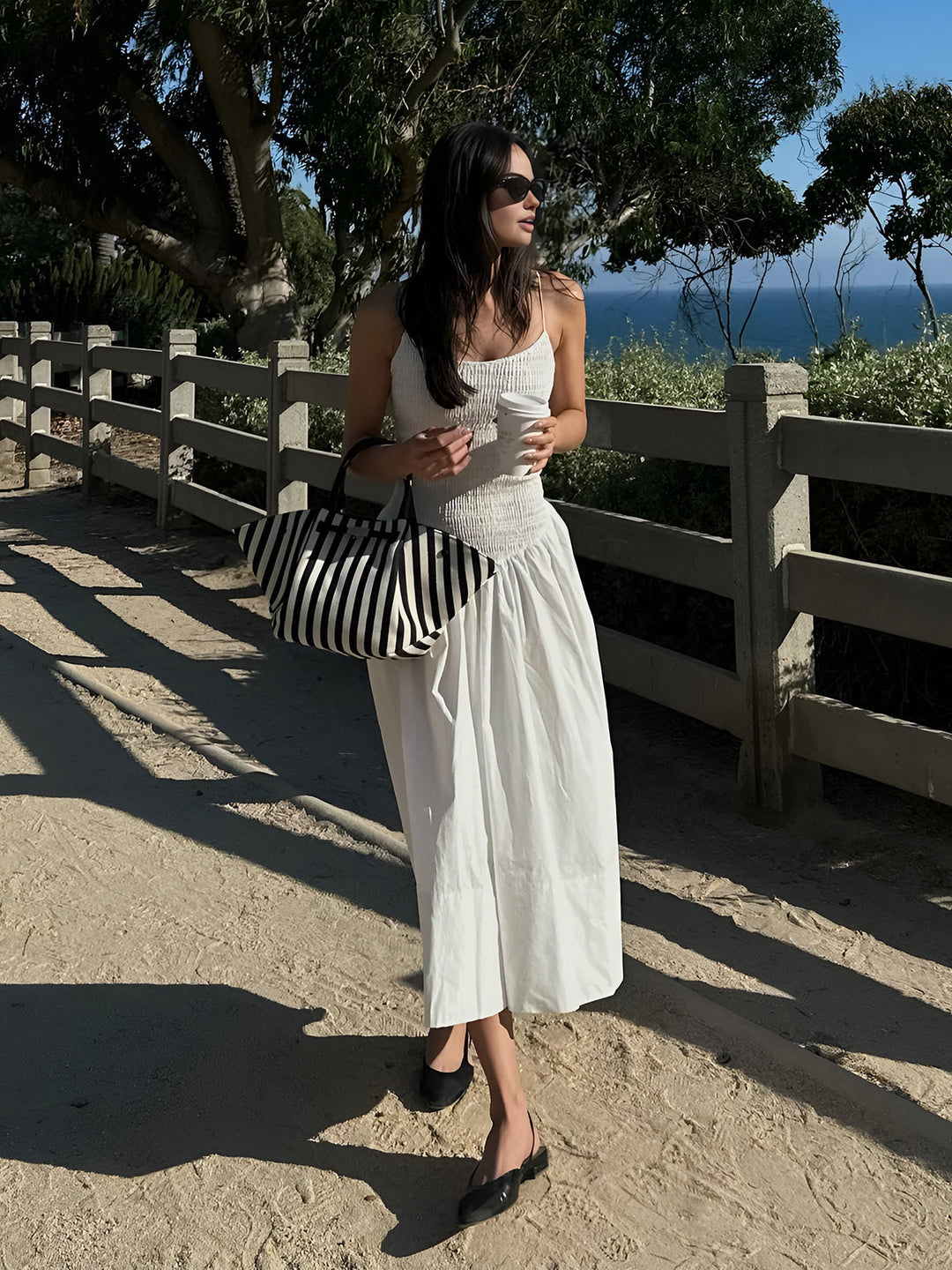Robe mi-longue à smocks en coton mélangé