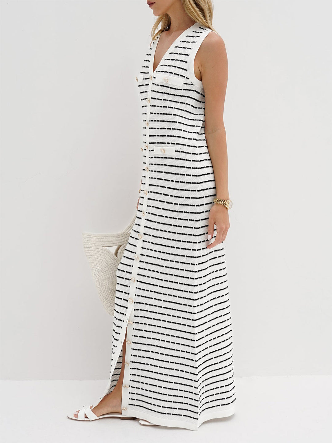 Robe Pull Longue en Métal à Boutons Rayés