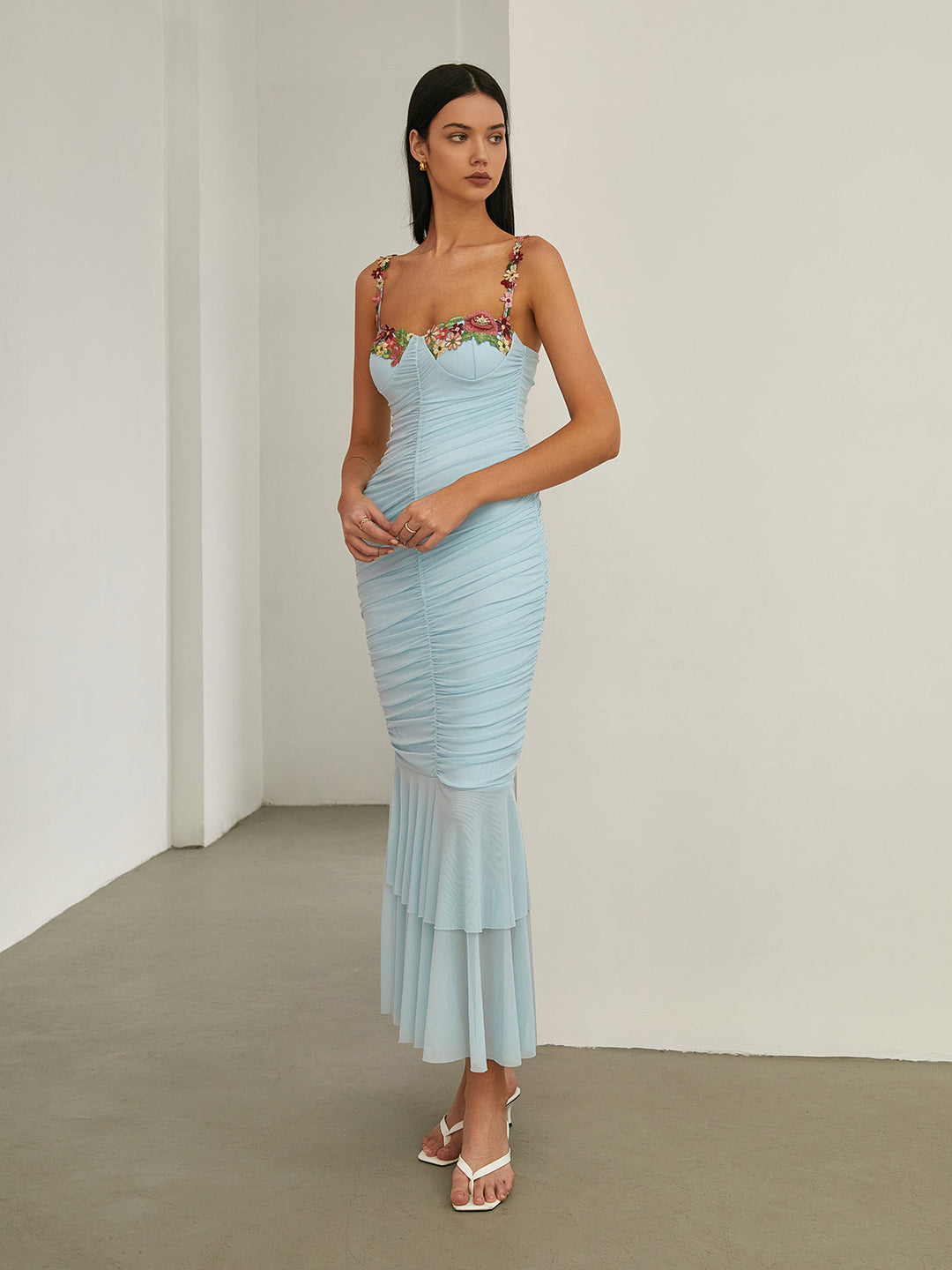 Robe Longue Sirène Plissée à Fleurs Paradise