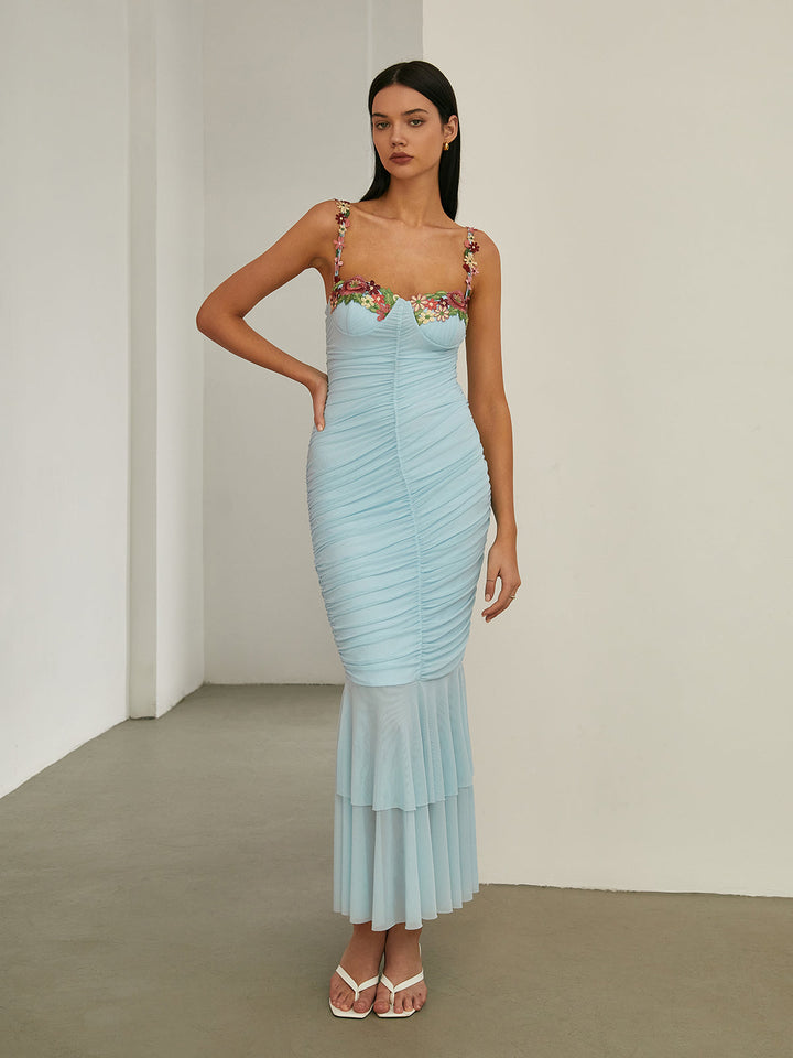 Robe Longue Sirène Plissée à Fleurs Paradise
