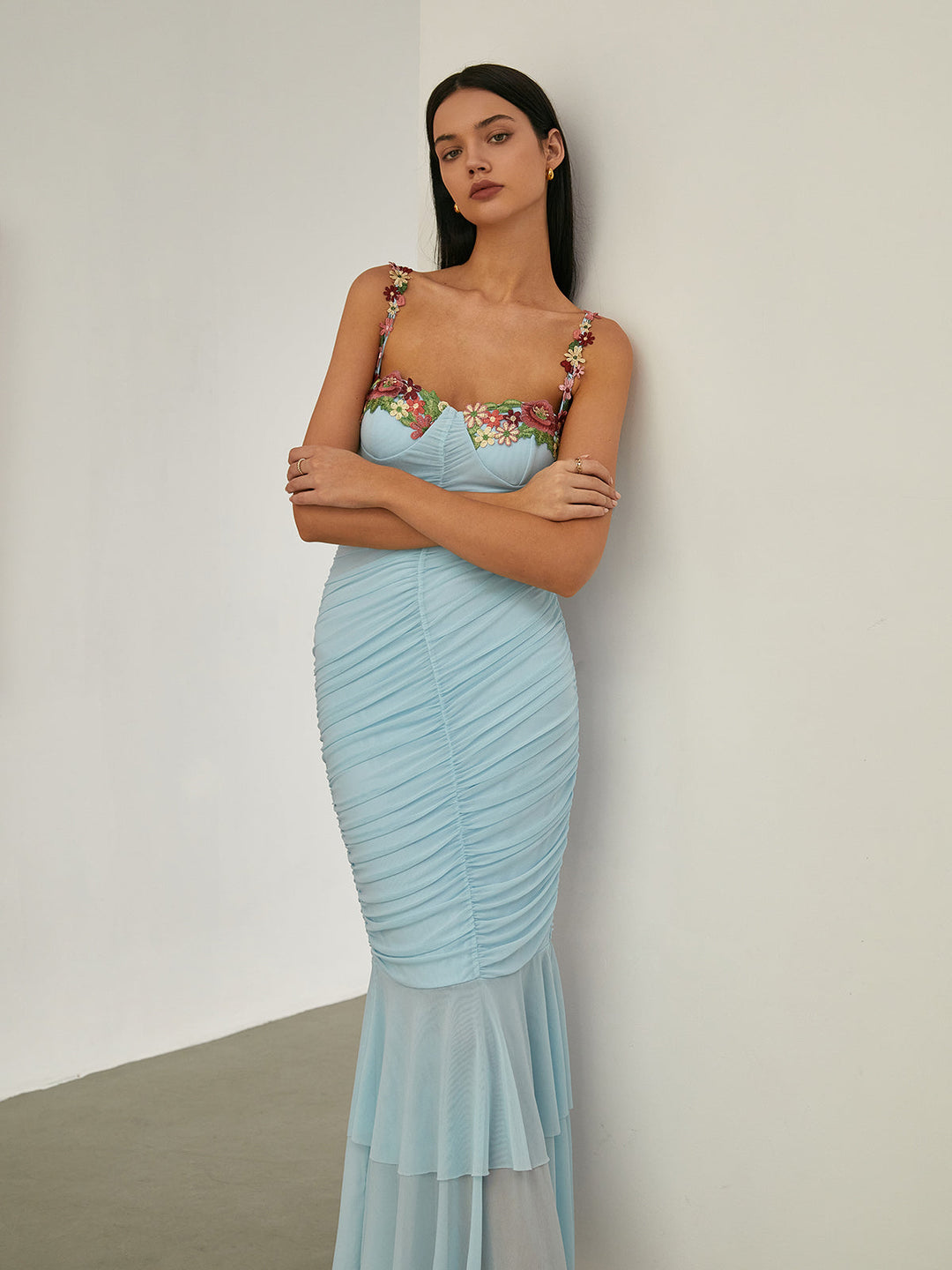Robe Longue Sirène Plissée à Fleurs Paradise