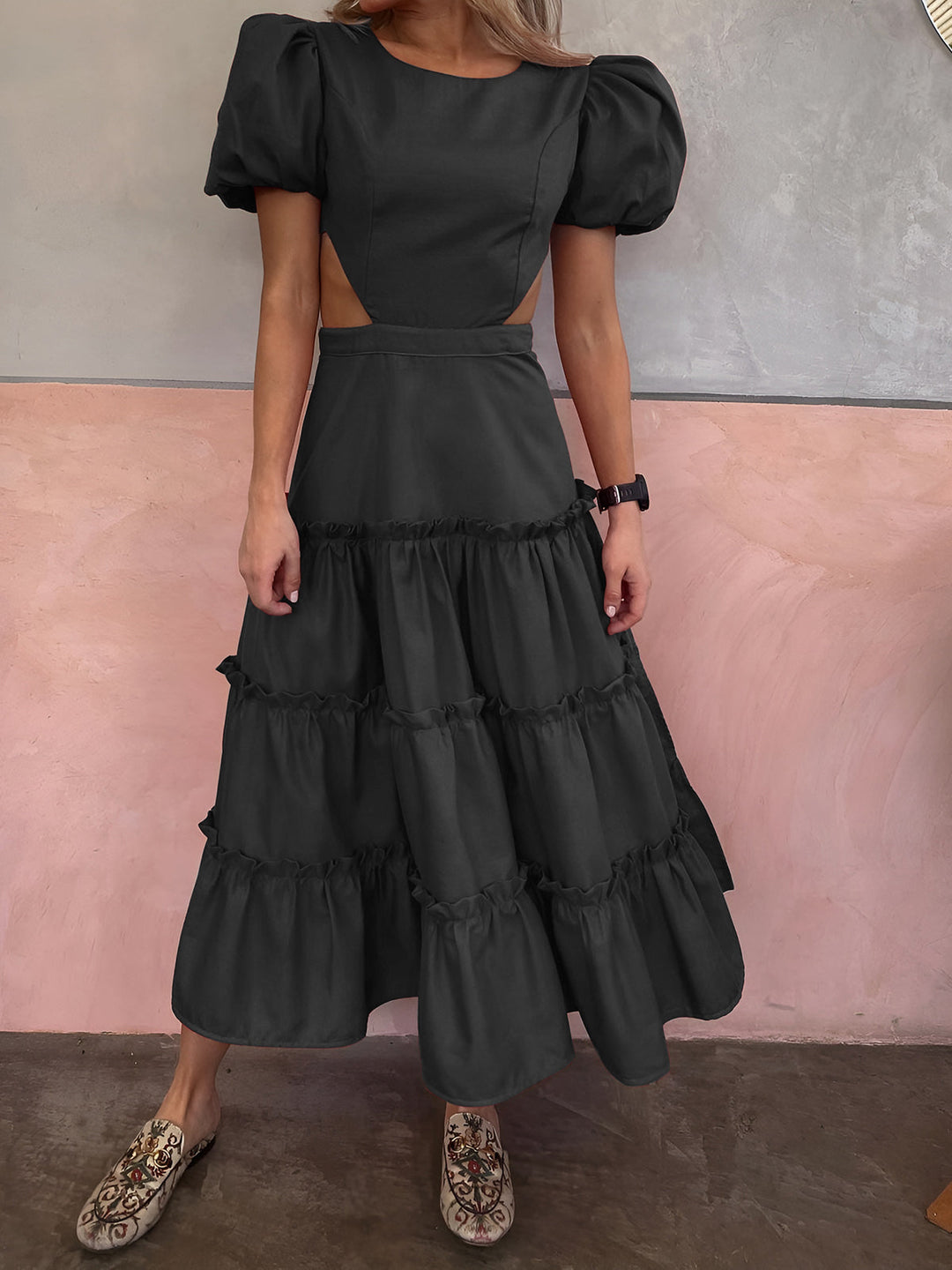 Robe Longue à Manches Bouffantes et Découpes