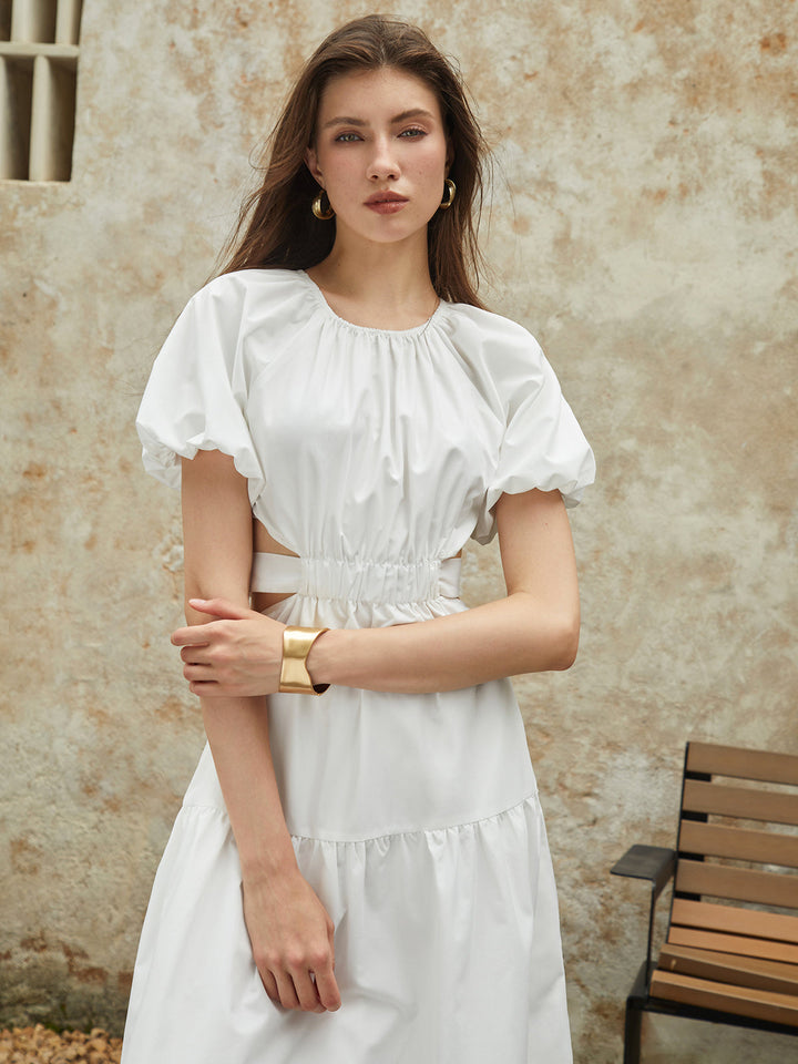 Robe Midi Frenchy à Manches Bouffantes et Nœud