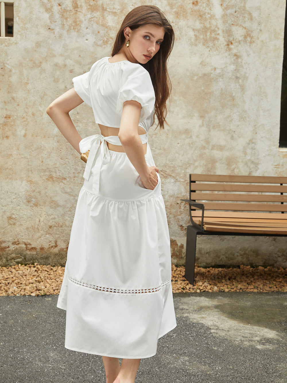Robe Midi Frenchy à Manches Bouffantes et Nœud