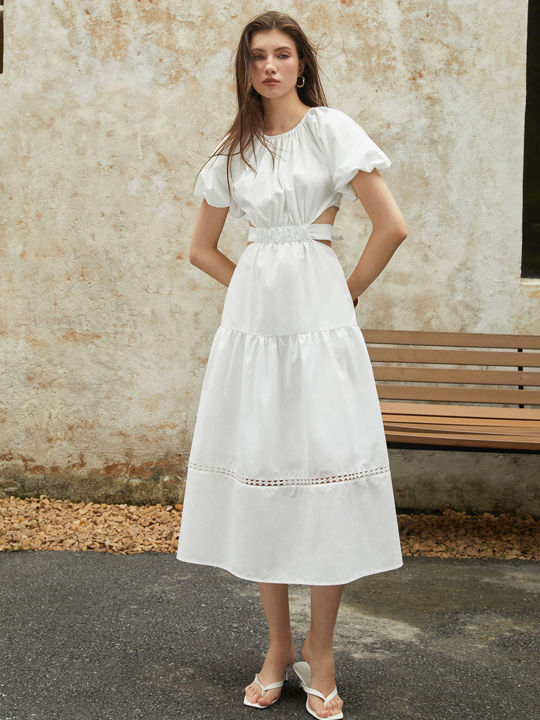 Robe Midi Frenchy à Manches Bouffantes et Nœud