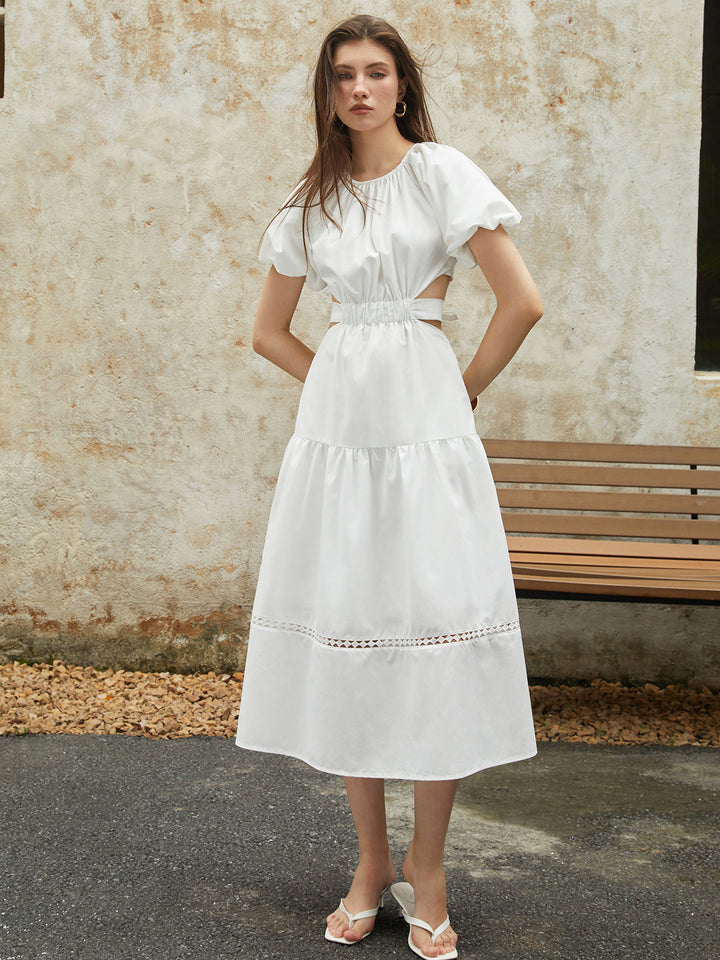 Robe Midi Frenchy à Manches Bouffantes et Nœud