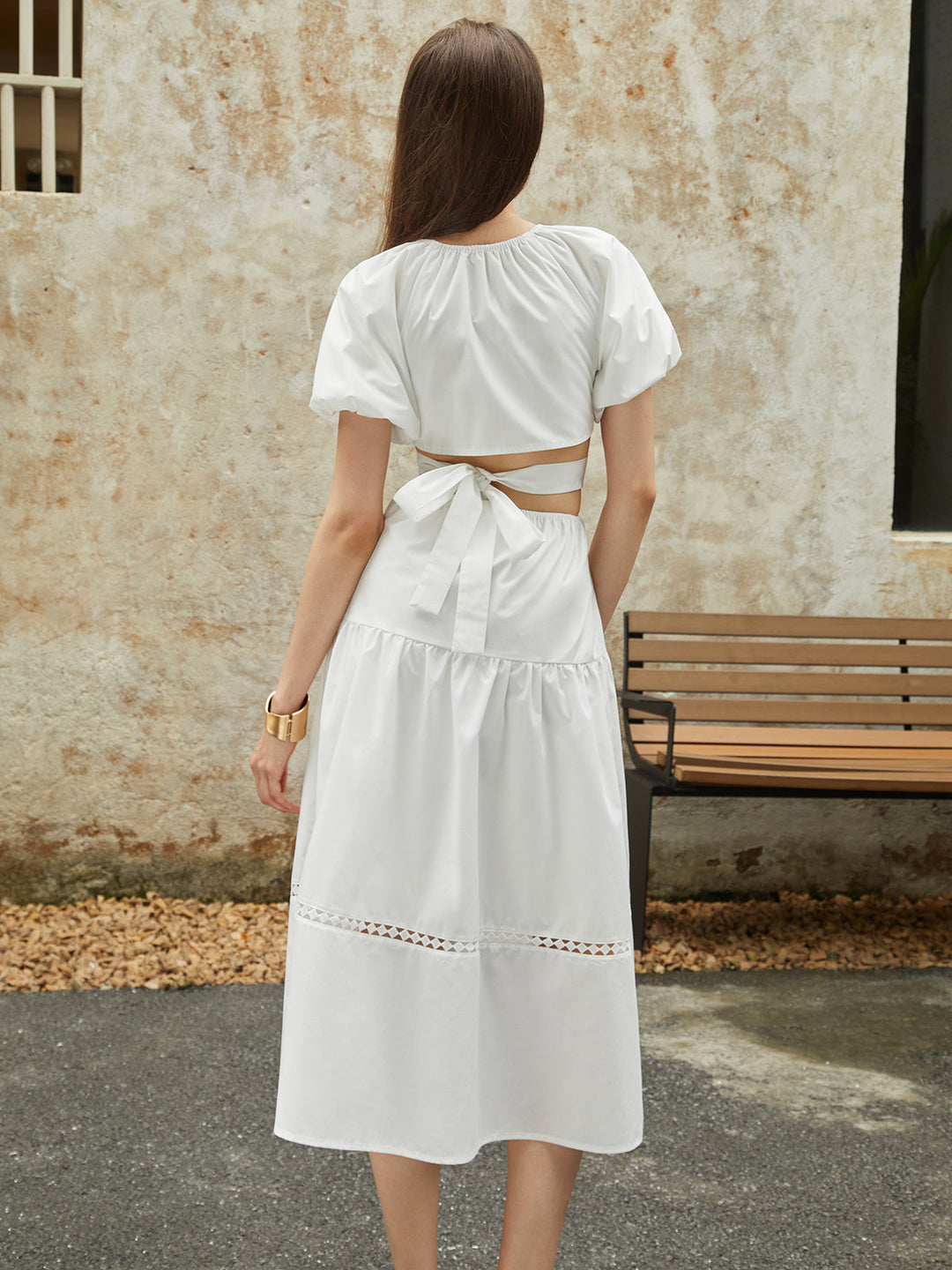 Robe Midi Frenchy à Manches Bouffantes et Nœud