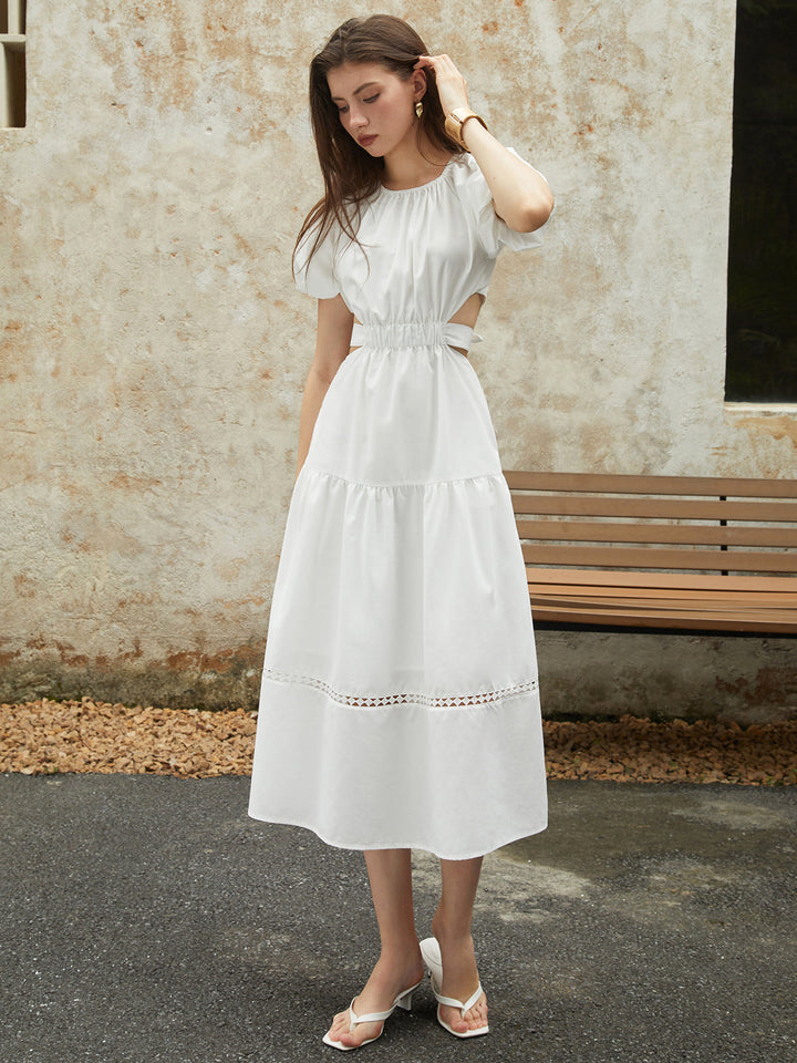 Robe Midi Frenchy à Manches Bouffantes et Nœud