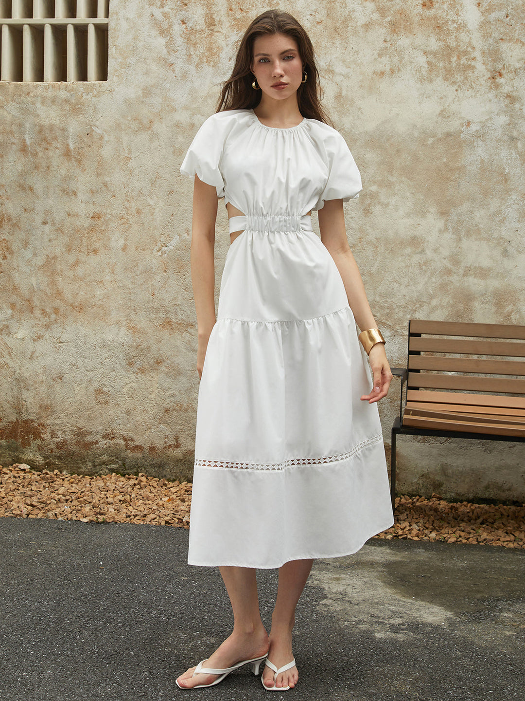 Robe Midi Frenchy à Manches Bouffantes et Nœud