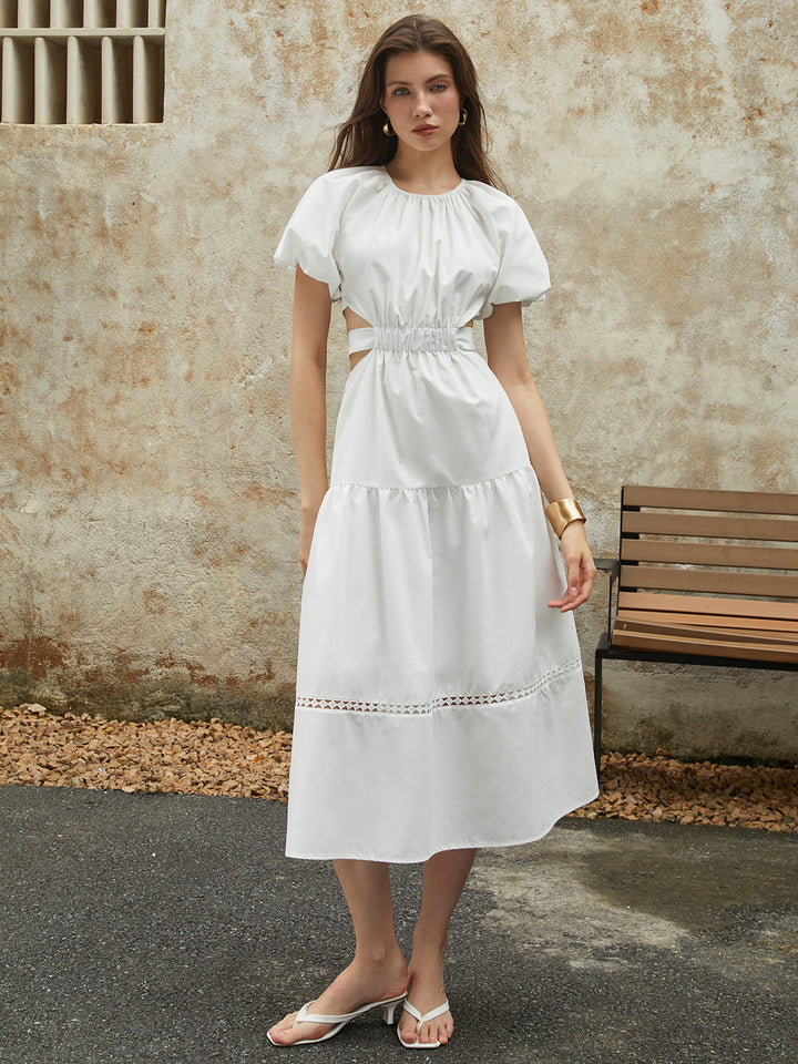 Robe Midi Frenchy à Manches Bouffantes et Nœud