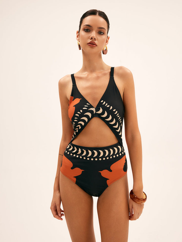 Maillot de Bain Une Pièce Découpé à Imprimé Oiseau