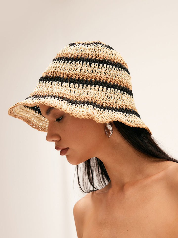 Chapeau Seau à Rayures en Paille