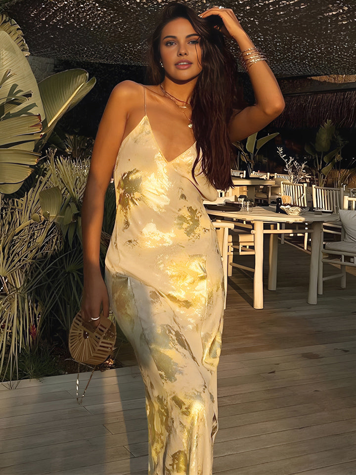 Robe Longue à Col V Dos Nu Métallique