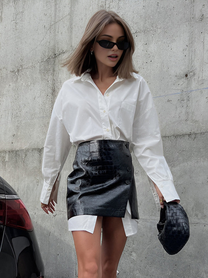 Ensemble Chemise Décontractée Unie avec Jupe Mini en Similicuir