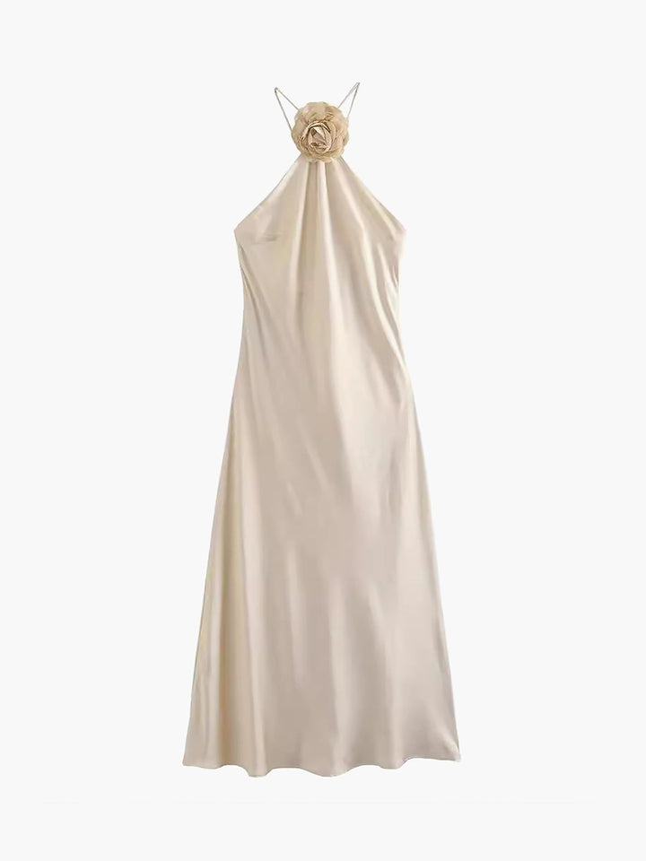 Robe Mi-longue à Dos Nu en Satin avec Décorations Rosaces
