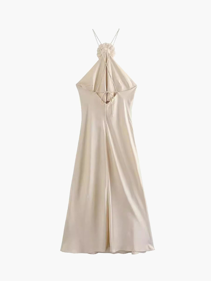 Robe Mi-longue à Dos Nu en Satin avec Décorations Rosaces