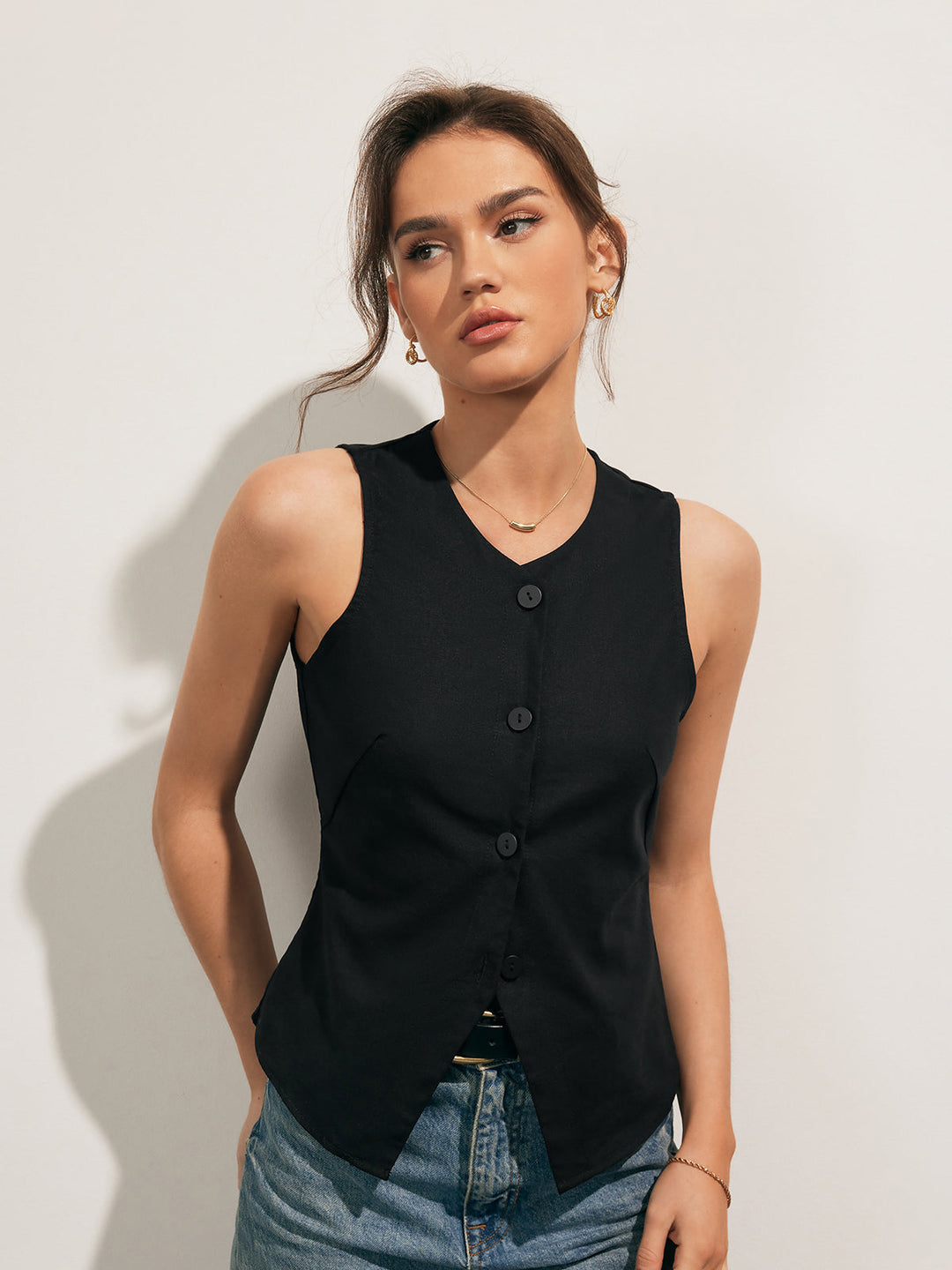 Débardeur Boutonné en Mélange de Lin