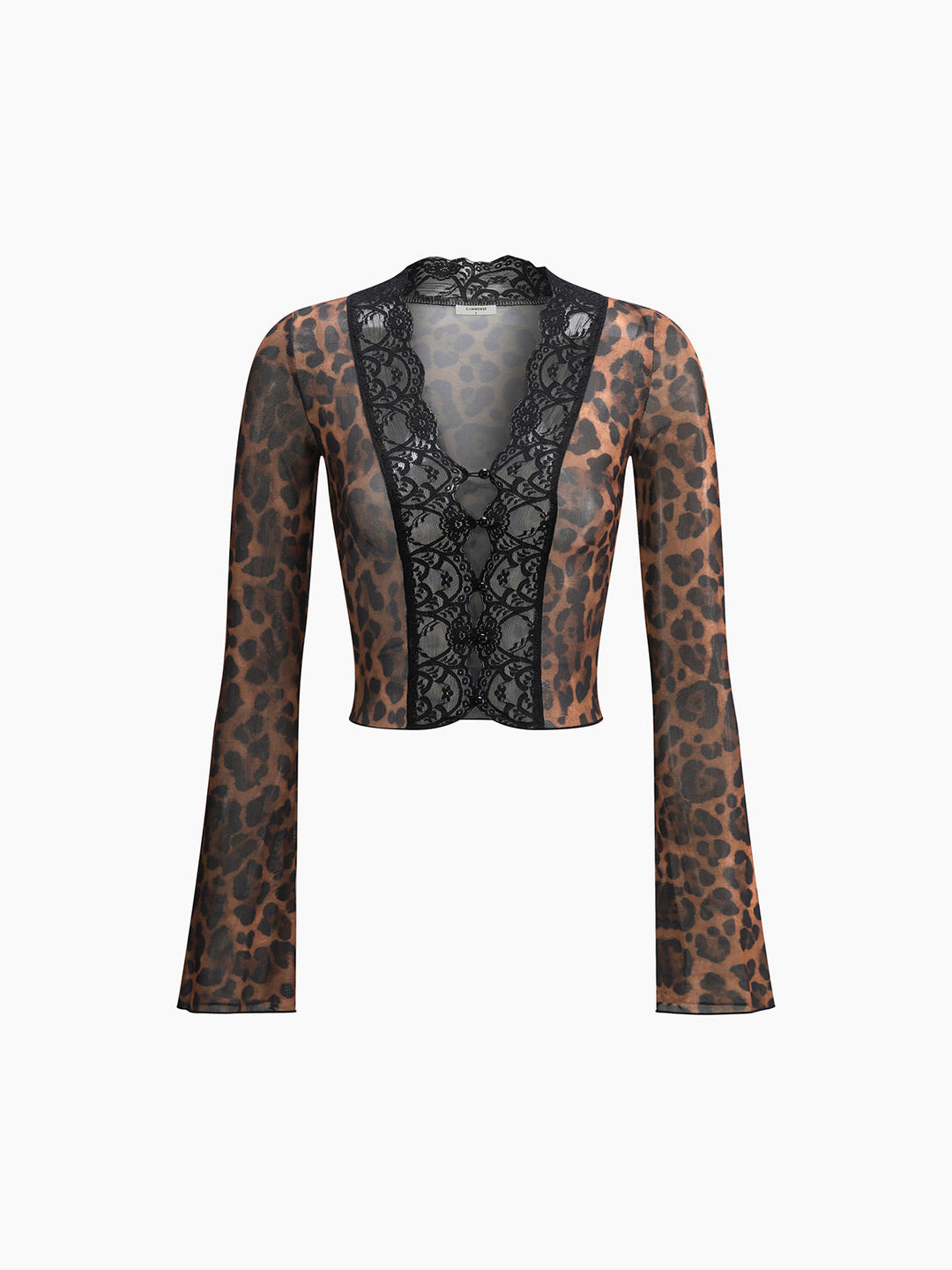 Blouse en dentelle à manches longues et imprimé léopard transparent