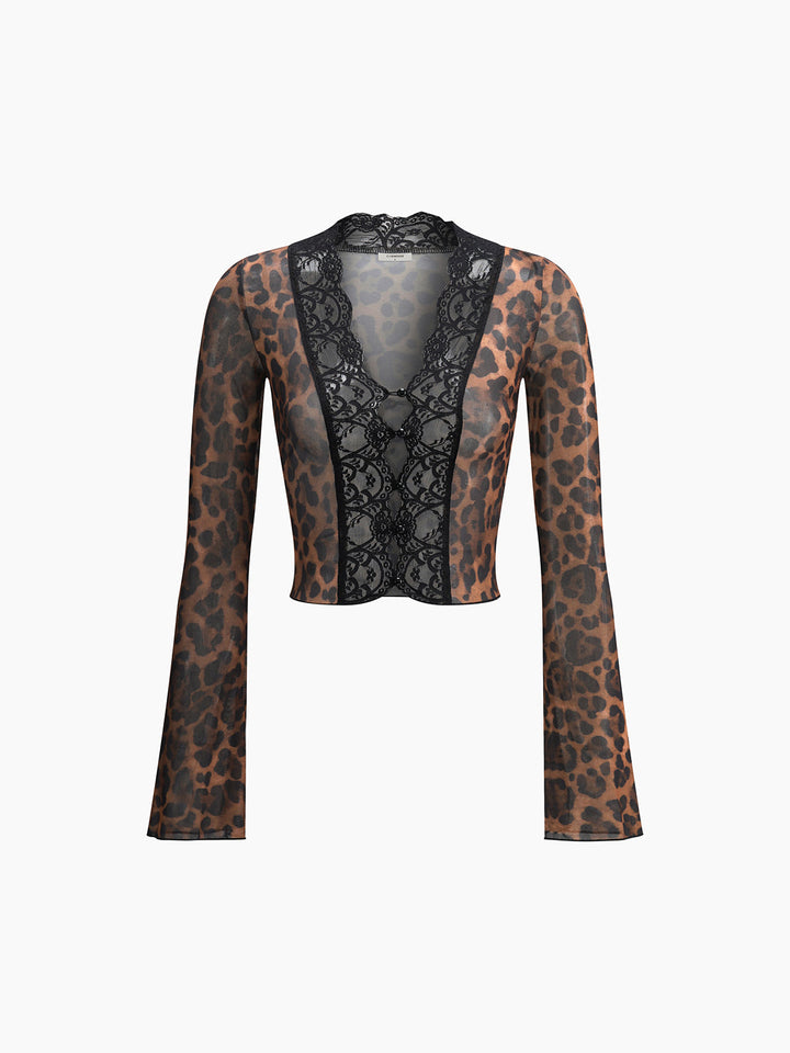 Blouse en dentelle à manches longues et imprimé léopard transparent