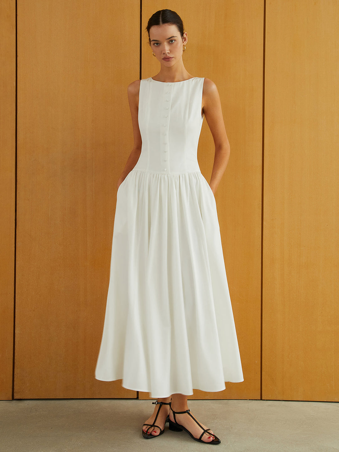 Robe Longue Sans Manches à Boutons et Poches