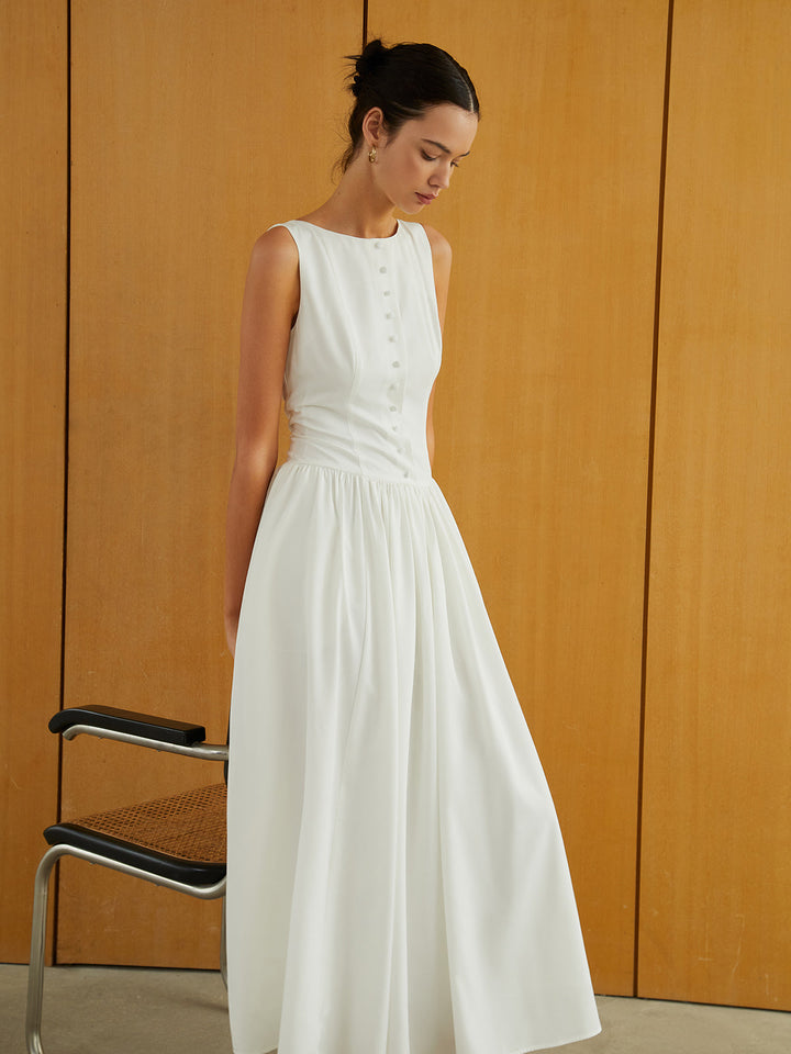 Robe Longue Sans Manches à Boutons et Poches