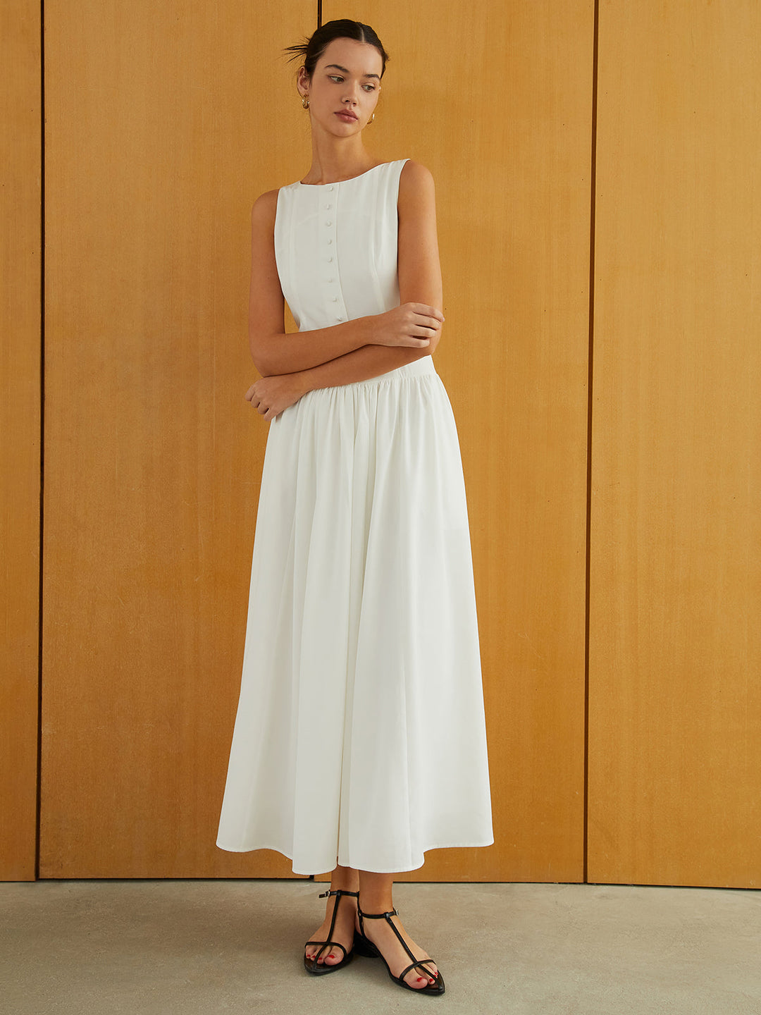 Robe Longue Sans Manches à Boutons et Poches