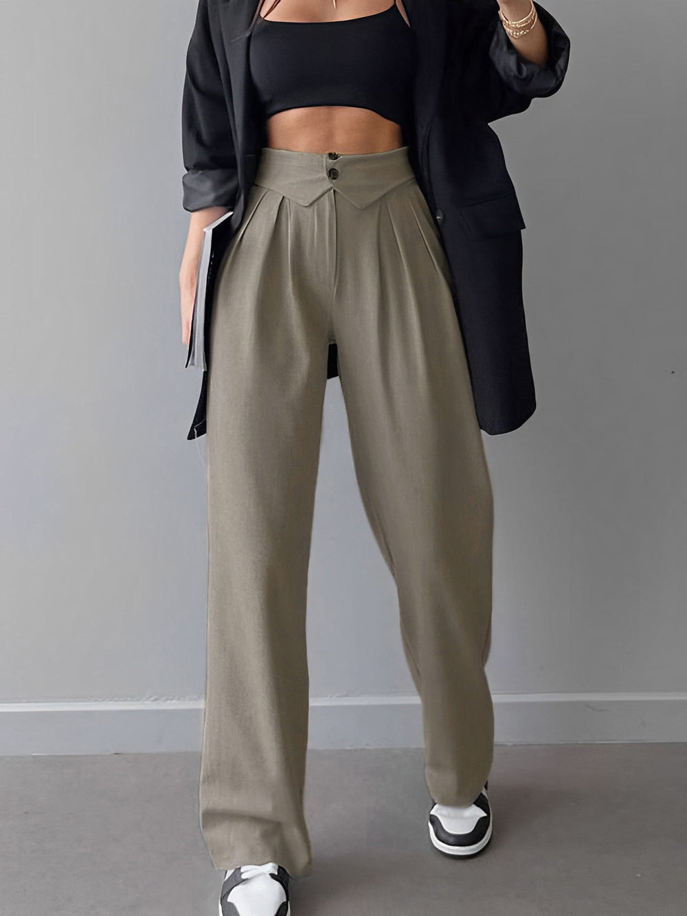 Pantalon Robe Jambe Droite à Taille Plissée