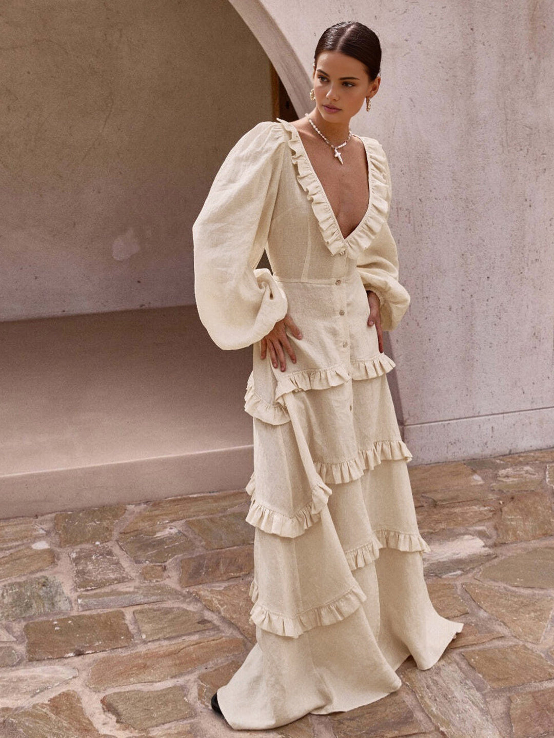 Robe Longue à Volants Semi-Transparente en Coton et Lin