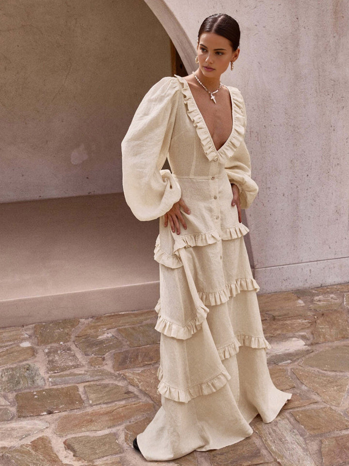 Robe Longue à Volants Semi-Transparente en Coton et Lin