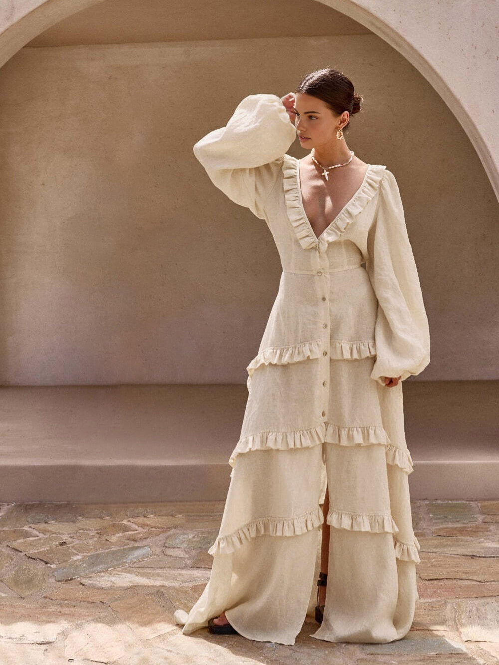 Robe Longue à Volants Semi-Transparente en Coton et Lin