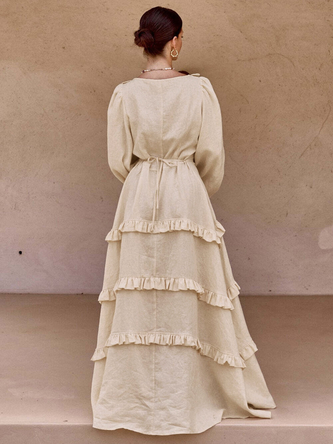 Robe Longue à Volants Semi-Transparente en Coton et Lin