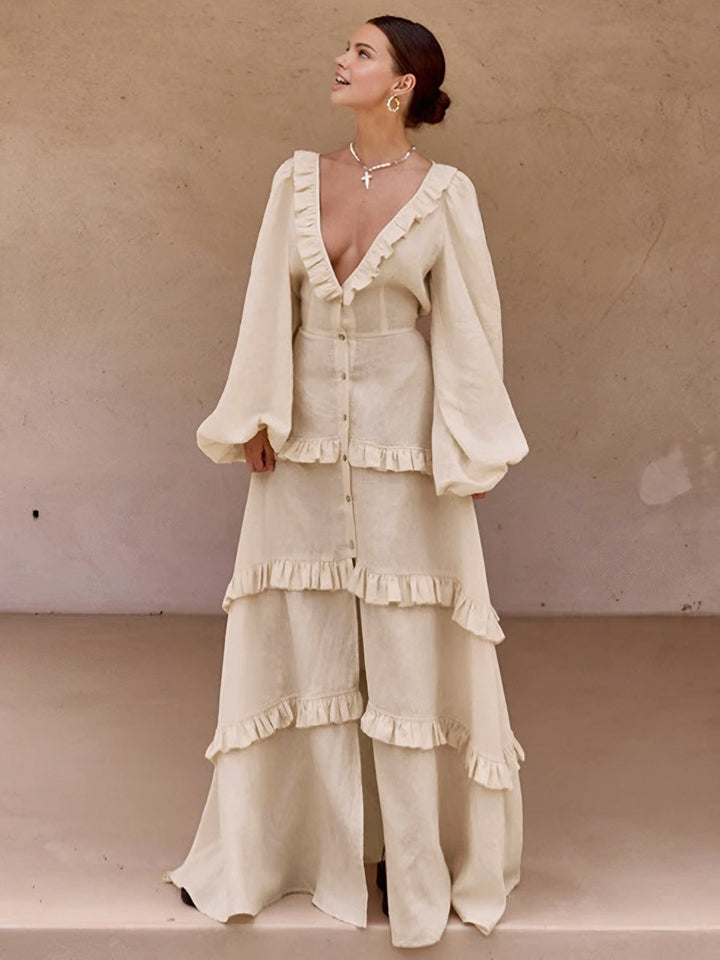 Robe Longue à Volants Semi-Transparente en Coton et Lin