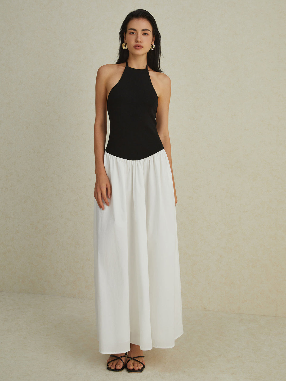 Robe longue à col Bardot bicolore