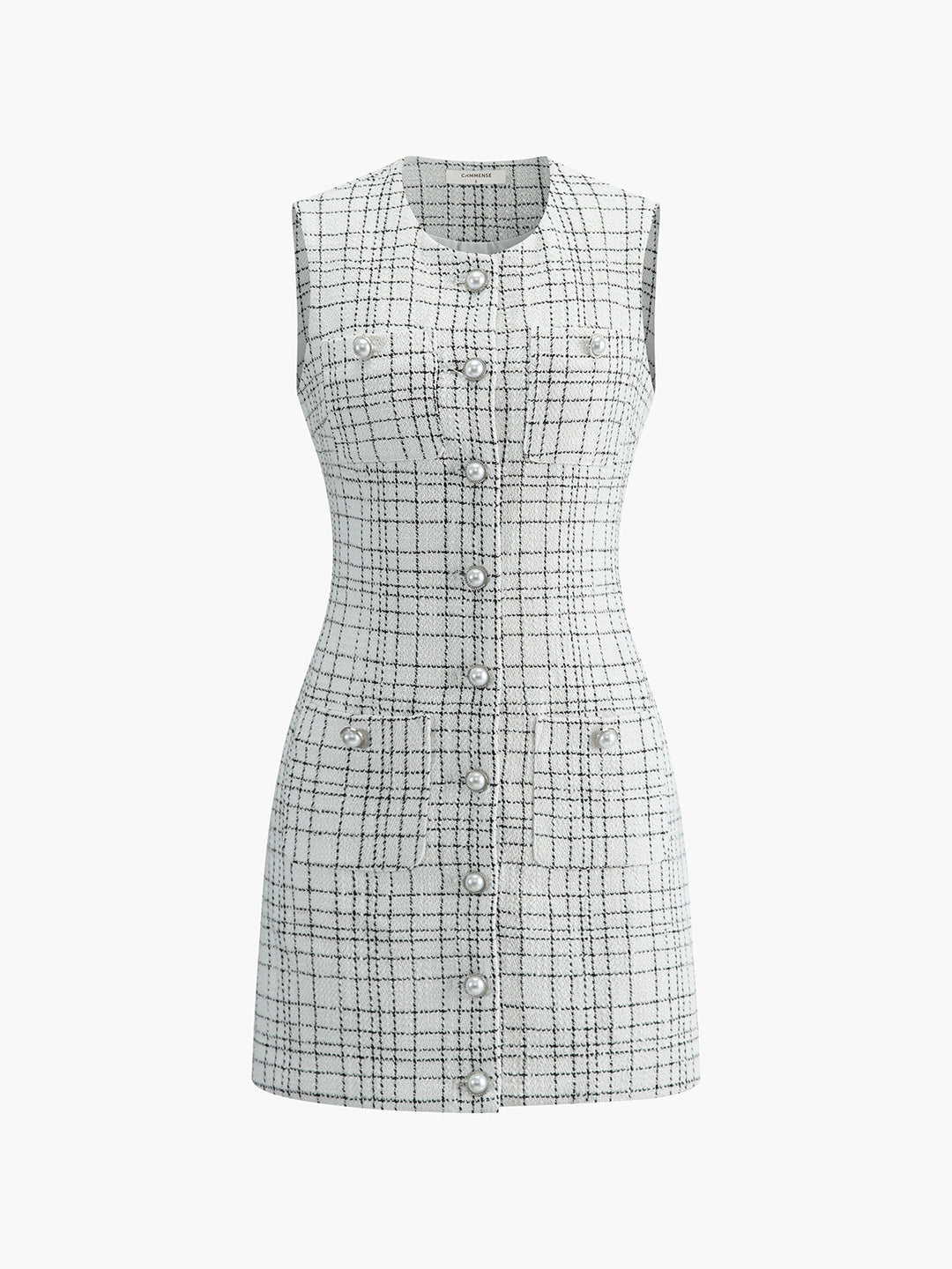 Robe Courte Sans Manches à Boutons en Perle à Imprimé Plaid