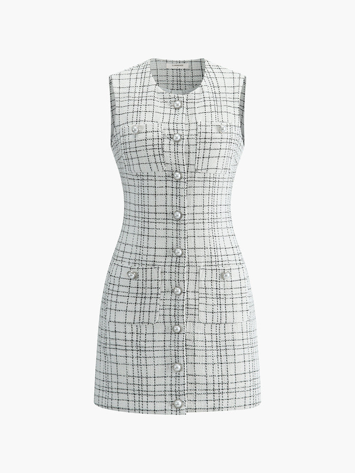 Robe Courte Sans Manches à Boutons en Perle à Imprimé Plaid