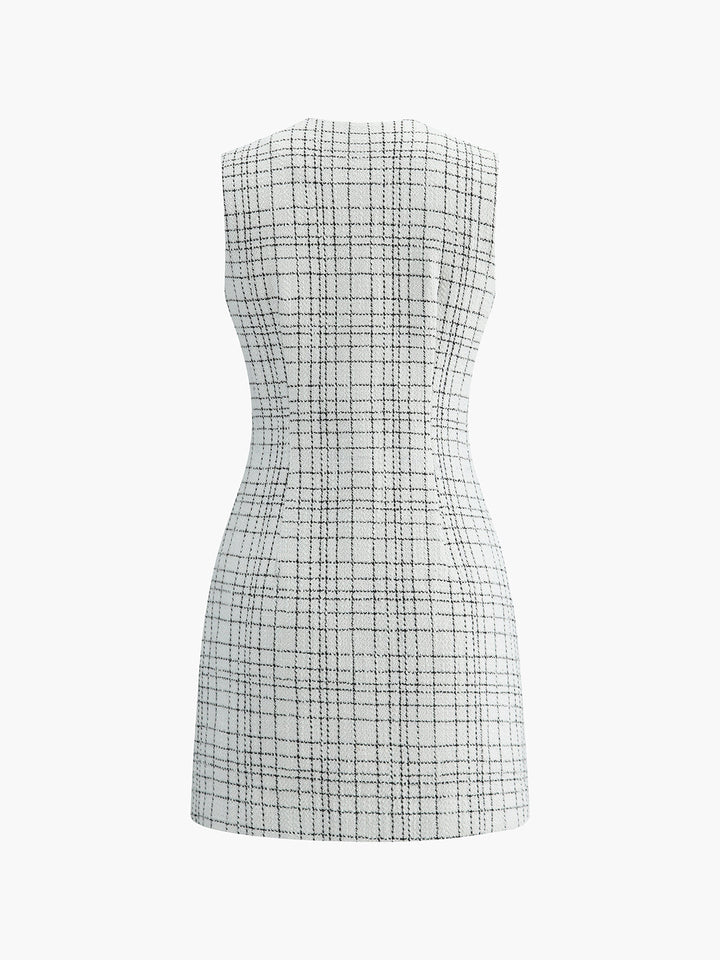 Robe Courte Sans Manches à Boutons en Perle à Imprimé Plaid