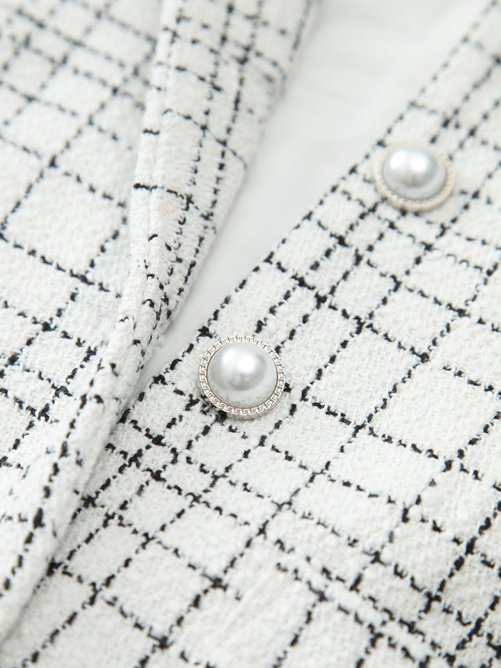 Robe Courte Sans Manches à Boutons en Perle à Imprimé Plaid