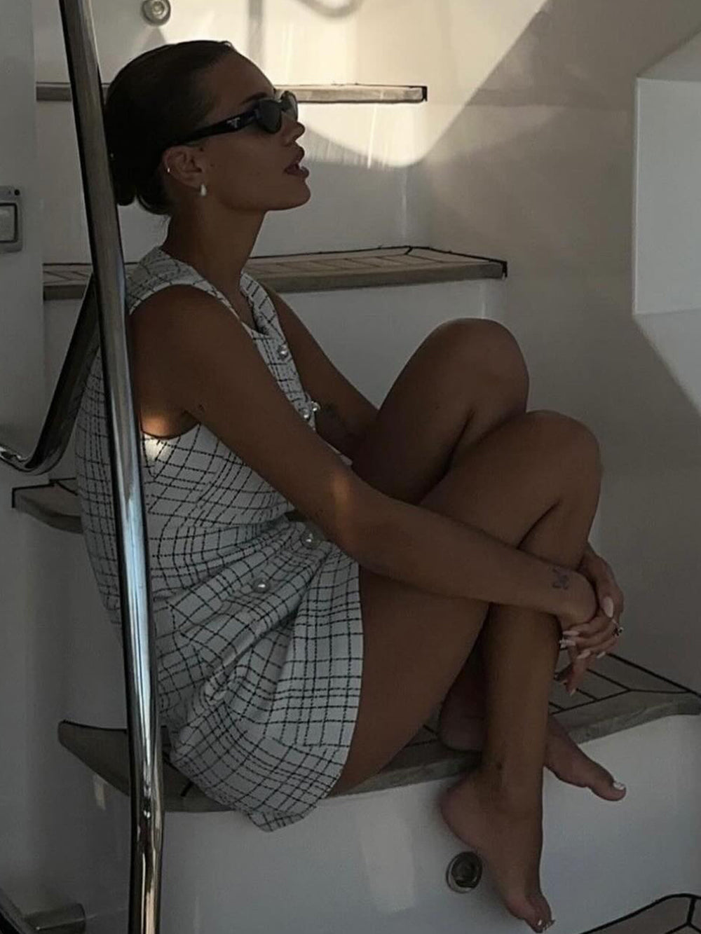 Robe Courte Sans Manches à Boutons en Perle à Imprimé Plaid