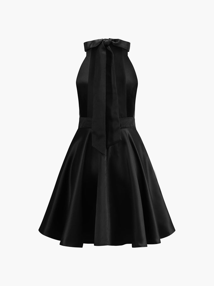 Robe Mini Plissée Ouverte au Dos avec Poches et Nœuds en Satin
