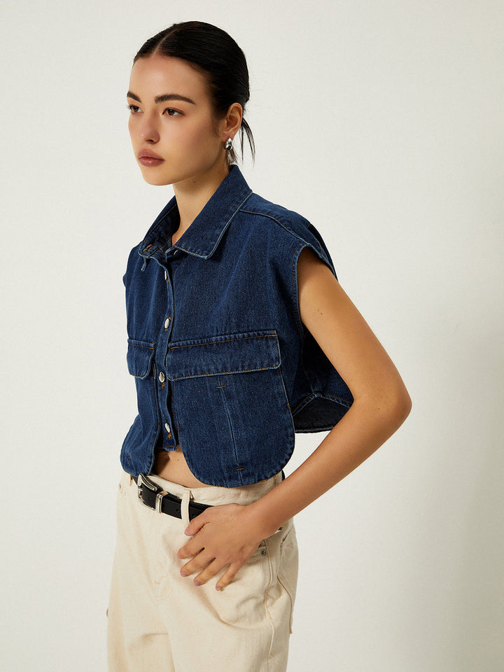 Gilet droit en jean avec col à revers et poches