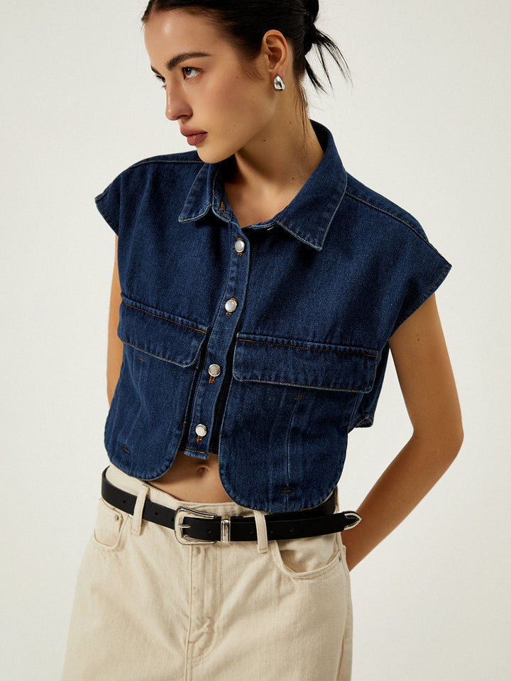 Gilet droit en jean avec col à revers et poches