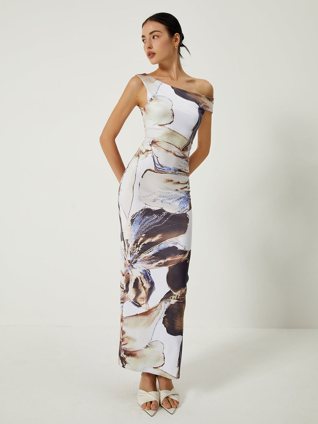 Robe Longue Ajustée Asymétrique Imprimée Dos Nu