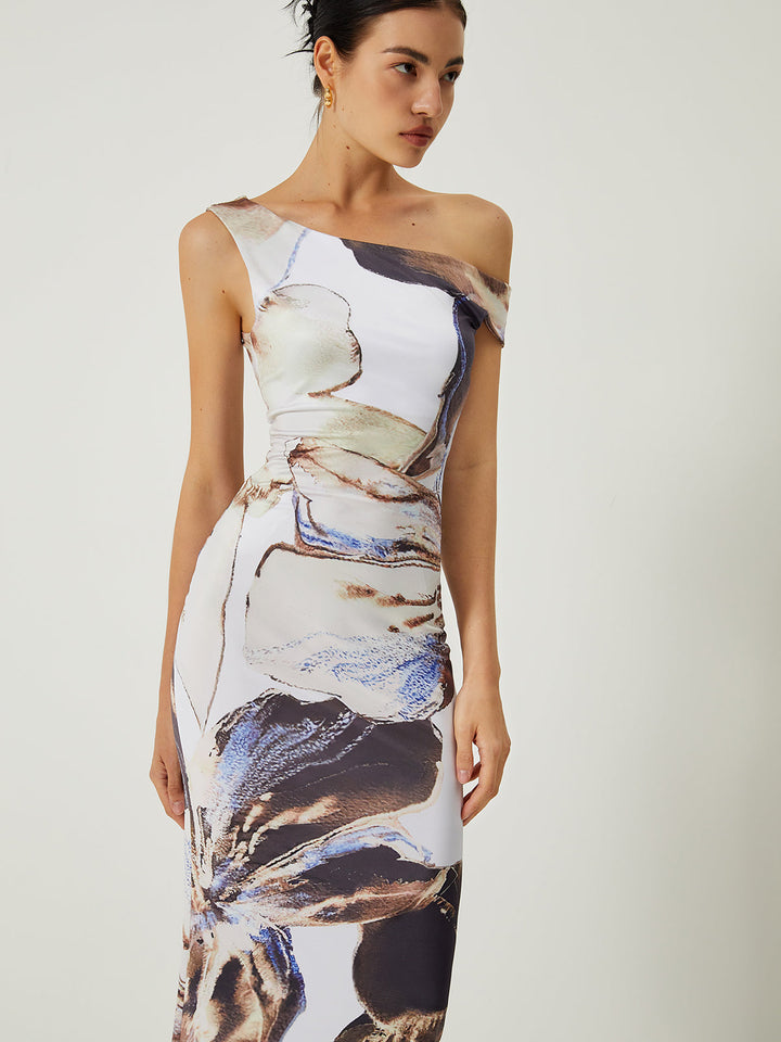 Robe Longue Ajustée Asymétrique Imprimée Dos Nu